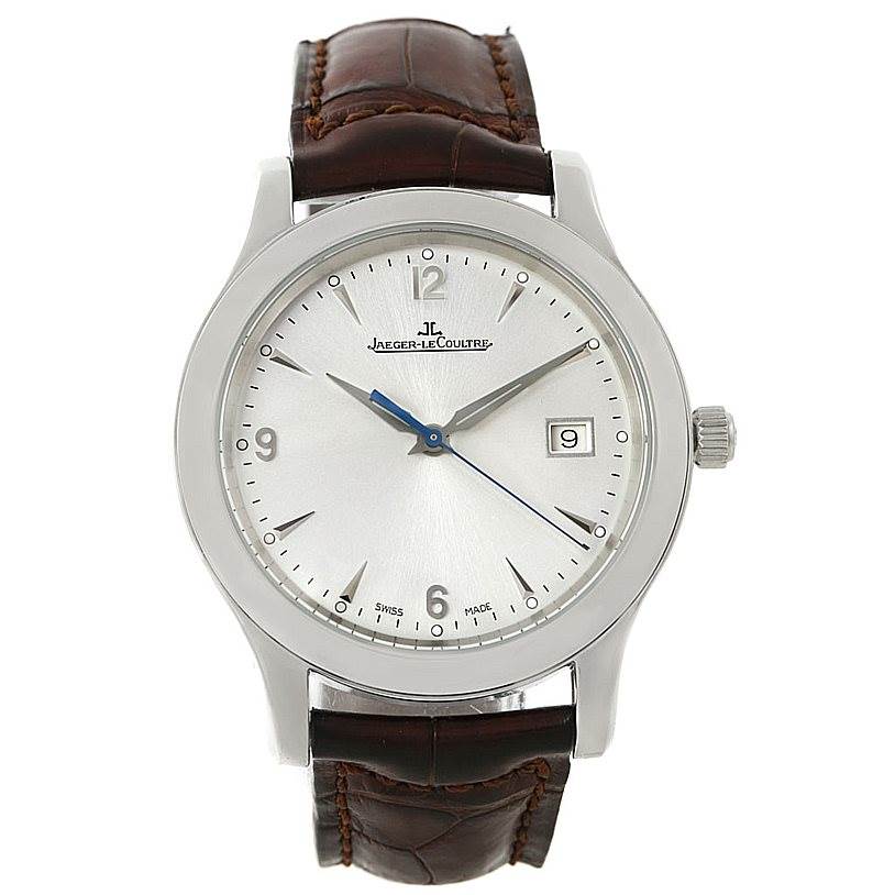 This image shows a front view of the Jaeger-LeCoultre Master watch, displaying its face, crown, and brown leather strap.