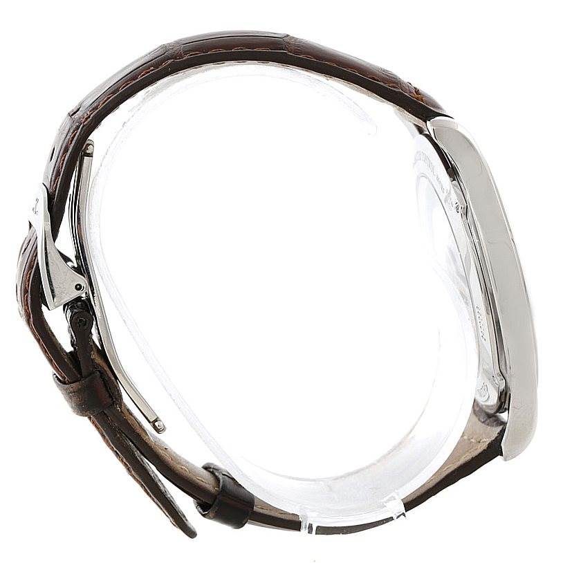 The Jaeger LeCoultre Master 147.8.37.S Men's Stainless Steel Silver Dial 147.8.37.S Men's Stainless Steel Silver Dial watch is shown from a side angle, highlighting the leather strap and clasp details.