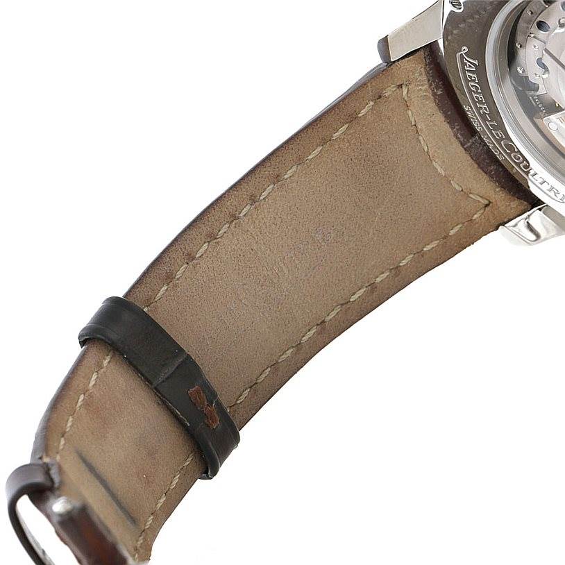 The image shows the underside of the leather strap and part of the case back of a Jaeger LeCoultre Master 147.8.37.S Men's Stainless Steel Silver Dial 147.8.37.S Men's Stainless Steel Silver Dial watch.