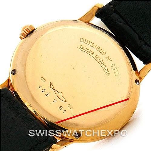 The image shows the back case of a vintage Jaeger LeCoultre Odysseus watch, featuring its model number and strap attachment.
