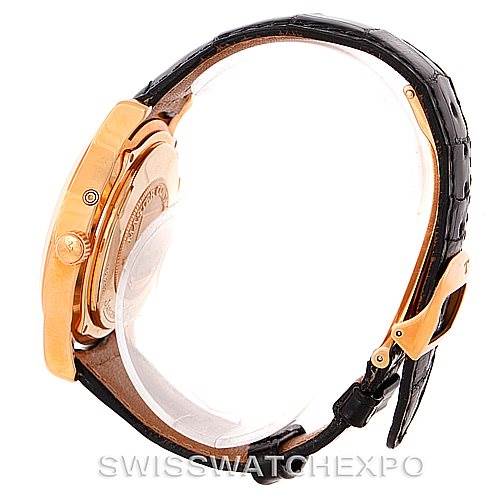 The image shows a side view of the Jaeger-LeCoultre Master model watch, revealing the case, crown, and partial leather strap.