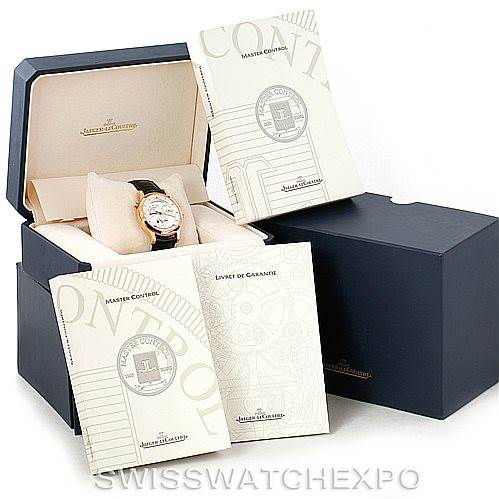 The image shows a Jaeger LeCoultre Master 142.2.92 Men's Rose Gold Silver Dial 142.2.92 Men's Rose Gold Silver Dial Control watch in its case, along with the watch booklet and warranty certificate.