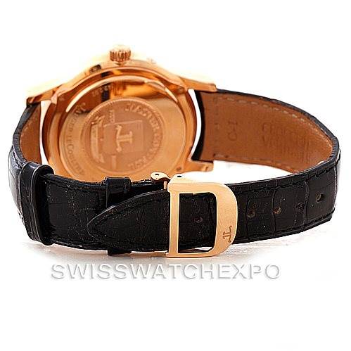 This image shows the back view of a Jaeger LeCoultre Master 142.2.92 Men's Rose Gold Silver Dial 142.2.92 Men's Rose Gold Silver Dial model watch, highlighting its case back and black leather strap with a gold buckle.