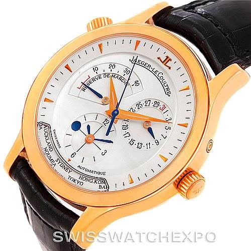 The image shows a Jaeger LeCoultre Master 142.2.92 Men's Rose Gold Silver Dial 142.2.92 Men's Rose Gold Silver Dial watch at a slight angle, highlighting its face, gold casing, and black leather strap.