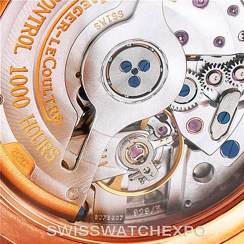 This is a close-up of the movement mechanism inside a Jaeger-LeCoultre Master model watch, showcasing the intricate gears and components.