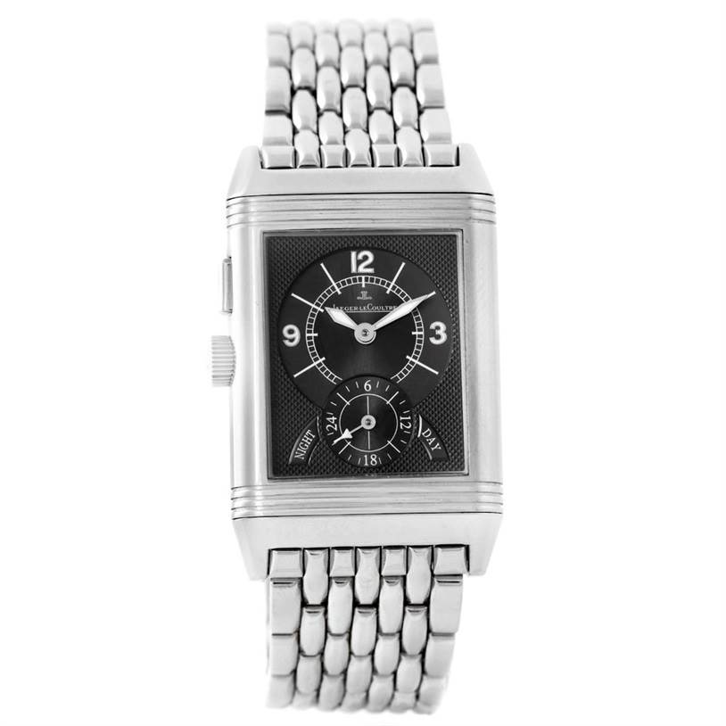 The image shows a front view of the Jaeger-LeCoultre Reverso watch, highlighting its rectangular face and metal bracelet.