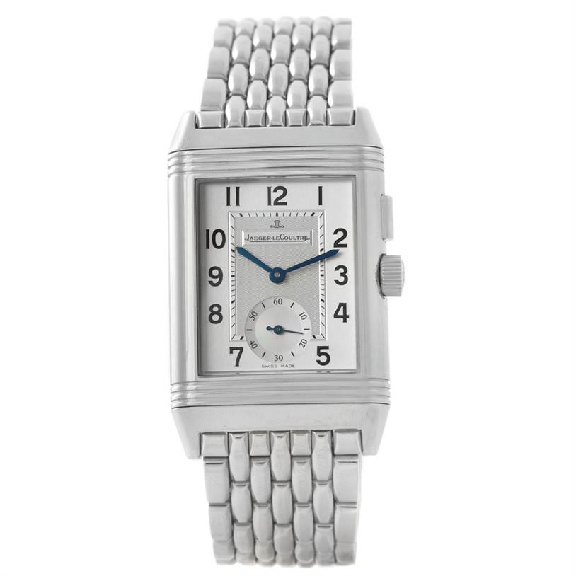 This image shows a front view of the Jaeger LeCoultre Reverso 272.8.54 Stainless Steel Silver Dial 272.8.54 Stainless Steel Silver Dial watch, displaying the face, case, and band.
