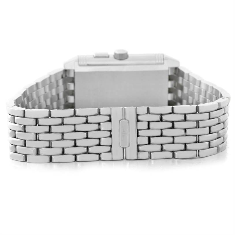 This image shows the back view of the Jaeger-LeCoultre Reverso model watch, highlighting its stainless steel bracelet and clasp.