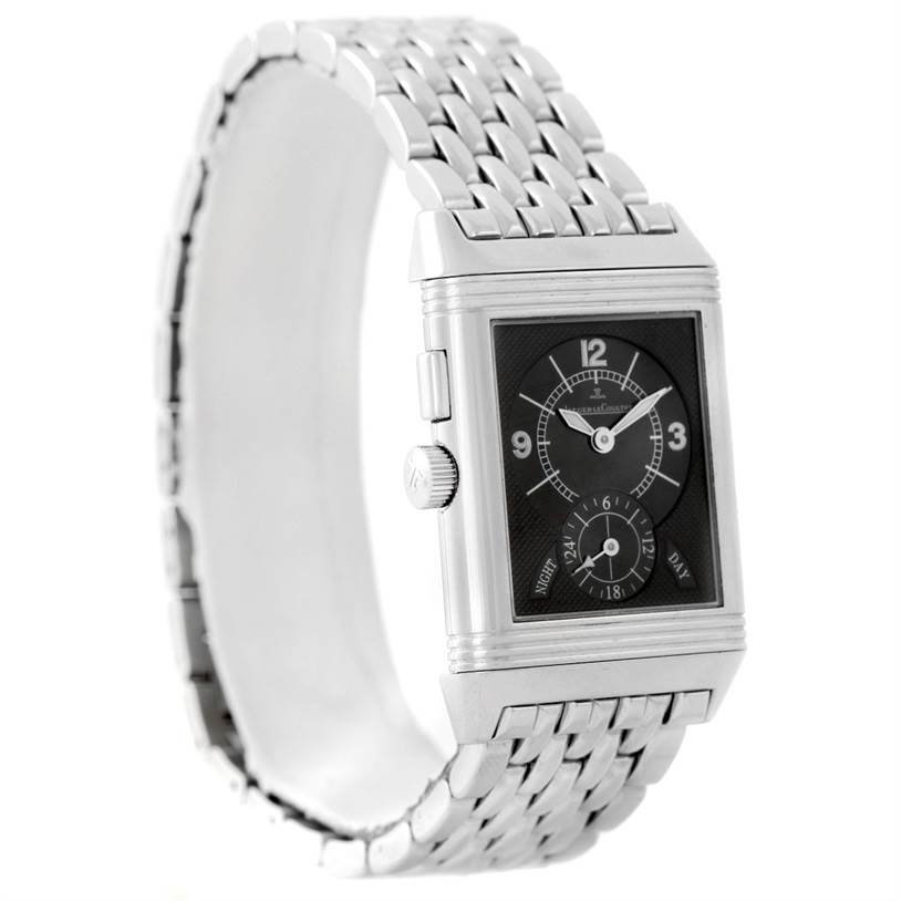 The image shows a Jaeger LeCoultre Reverso 272.8.54 Stainless Steel Silver Dial 272.8.54 Stainless Steel Silver Dial watch angled slightly to the left, highlighting the face, crown, and metal bracelet.