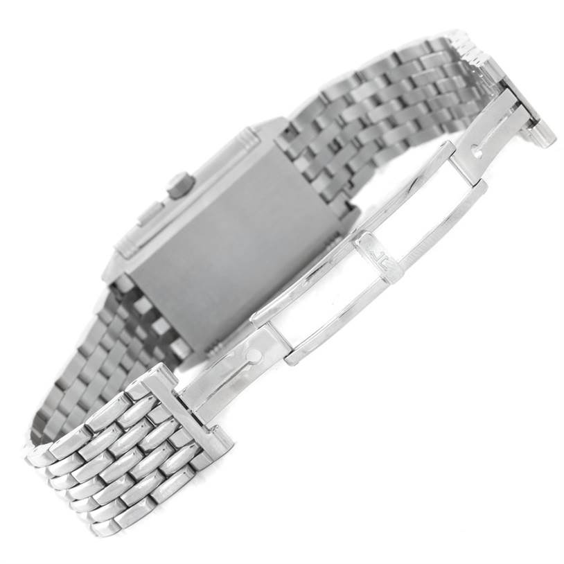 This image shows a side view of the Jaeger LeCoultre Reverso 272.8.54 Stainless Steel Silver Dial 272.8.54 Stainless Steel Silver Dial watch, focusing on the stainless steel bracelet and clasp.