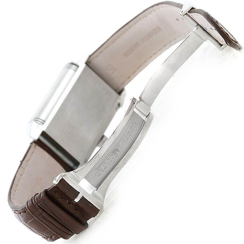 The image shows the clasp and part of the strap of a Jaeger LeCoultre Reverso 240.8.15 Men's Stainless Steel Silver Dial 240.8.15 Men's Stainless Steel Silver Dial watch, taken from an angle looking down on the bracelet.