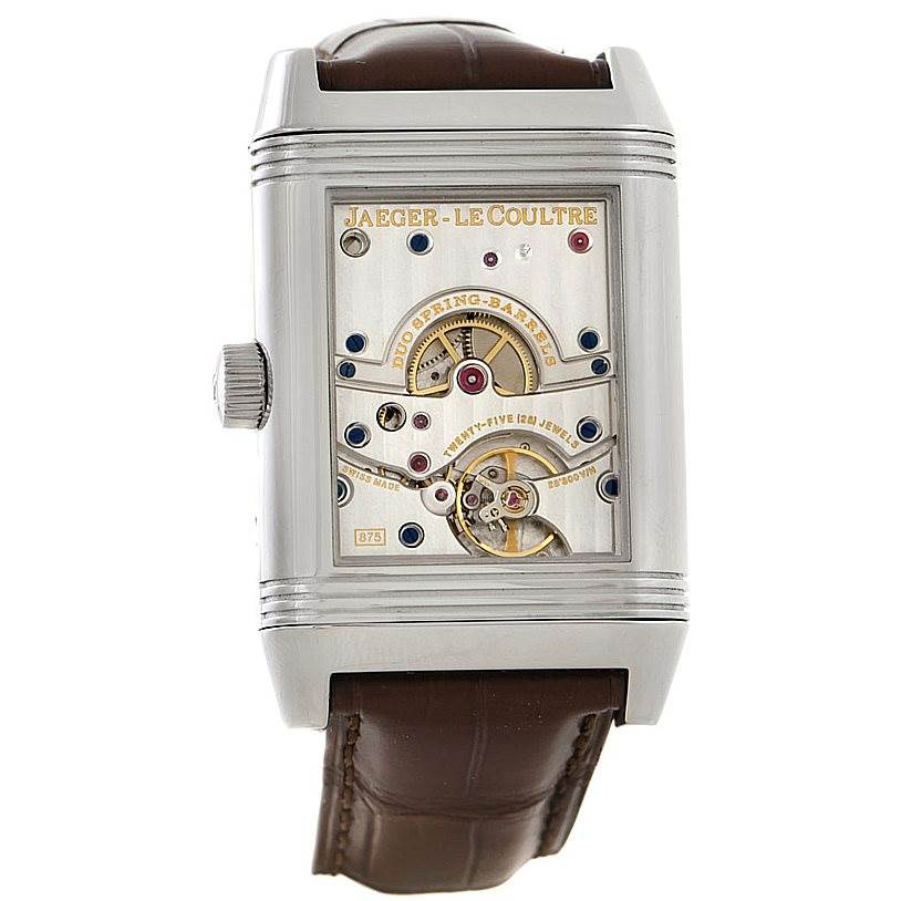 The image shows the detailed open back of the Jaeger LeCoultre Reverso 240.8.15 Men's Stainless Steel Silver Dial 240.8.15 Men's Stainless Steel Silver Dial watch, highlighting its internal mechanisms.