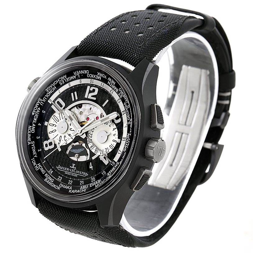 The angle shows a side and front view of the Jaeger LeCoultre Amvox 193.J.471 Men's Stainless Steel Black Dial 193.J.471 Men's Stainless Steel Black Dial watch, displaying its face and strap.