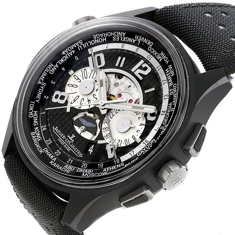 The photo shows a Jaeger LeCoultre Amvox 193.J.471 Men's Stainless Steel Black Dial 193.J.471 Men's Stainless Steel Black Dial watch, focusing on its dial, bezel, buttons, and strap from a slightly angled top view.