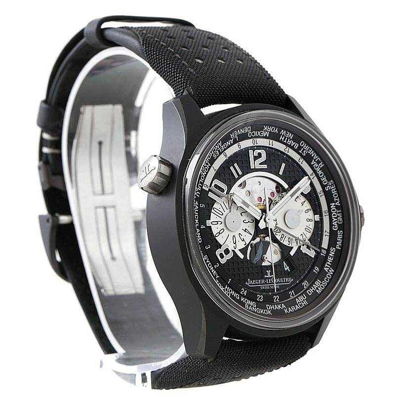 The Jaeger LeCoultre Amvox 193.J.471 Men's Stainless Steel Black Dial 193.J.471 Men's Stainless Steel Black Dial watch is shown at a three-quarter angle, highlighting its face, bezel, crown, and strap.