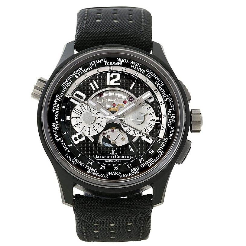 This is a front view of the Jaeger-LeCoultre Amvox watch, focusing on the dial, hands, subdials, and the strap.