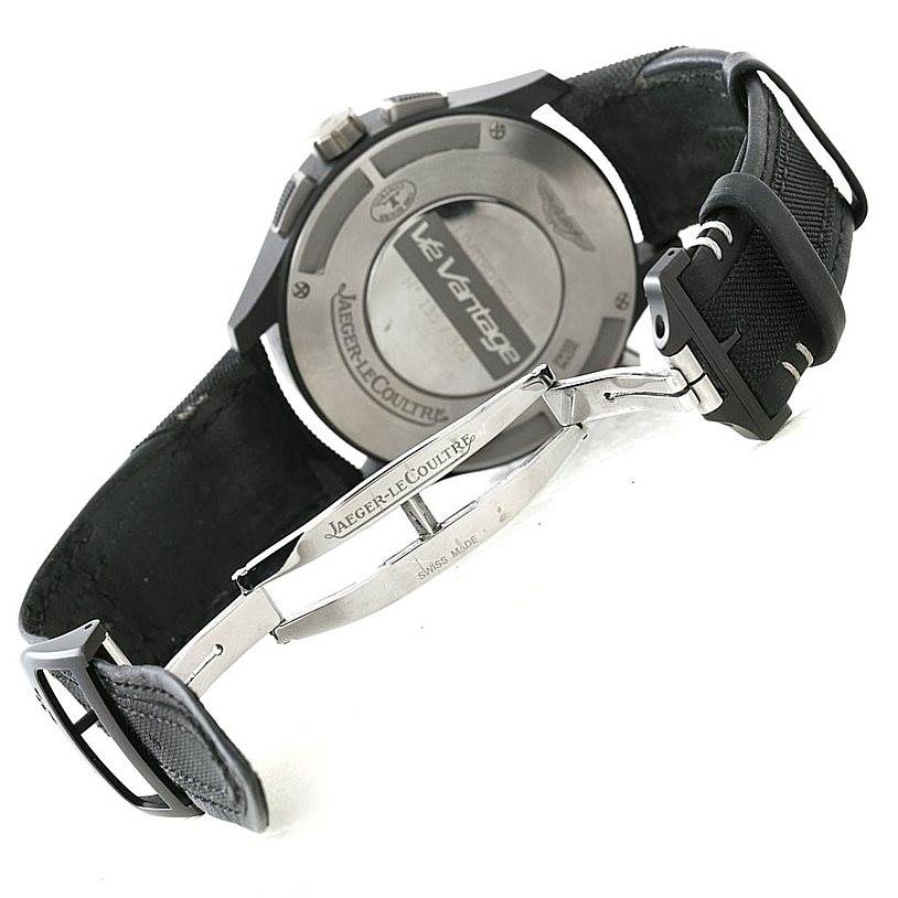 The image shows the backside and clasp of a Jaeger LeCoultre Amvox 193.J.471 Men's Stainless Steel Black Dial 193.J.471 Men's Stainless Steel Black Dial watch, highlighting the branding and strap.