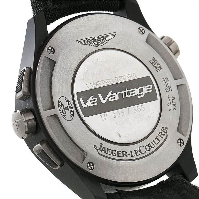The image shows the back and sides of the Jaeger-LeCoultre Amvox V12 Vantage watch, highlighting its limited series number and brand engraving.