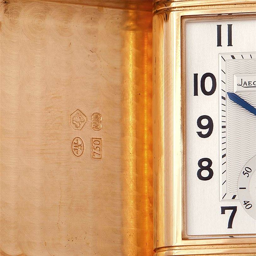 The image shows a close-up of the dial and inner case back of the Jaeger LeCoultre Reverso 272.251 Men's Rose Gold Silver Dial 272.251 Men's Rose Gold Silver Dial watch.