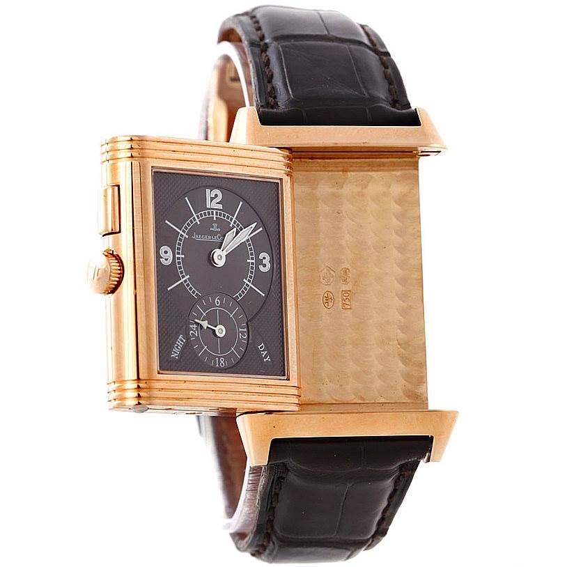 This image shows a side view of the Jaeger LeCoultre Reverso 272.251 Men's Rose Gold Silver Dial 272.251 Men's Rose Gold Silver Dial watch, displaying its reversible case and dial.