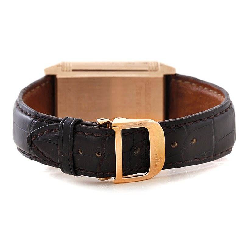 The image shows the back and leather strap with gold buckle of a Jaeger LeCoultre Reverso 272.251 Men's Rose Gold Silver Dial 272.251 Men's Rose Gold Silver Dial watch.