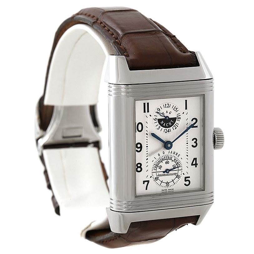 The Jaeger LeCoultre Reverso 240.8.72 Men's Stainless Steel Silver Dial 240.8.72 Men's Stainless Steel Silver Dial watch is shown at a slight angle with the brown leather strap, rectangular face, and crown visible.