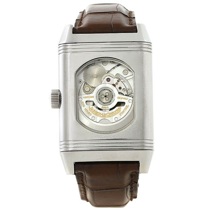 This image shows the back of a Jaeger LeCoultre Reverso 240.8.72 Men's Stainless Steel Silver Dial 240.8.72 Men's Stainless Steel Silver Dial watch, highlighting its intricate mechanical movement.