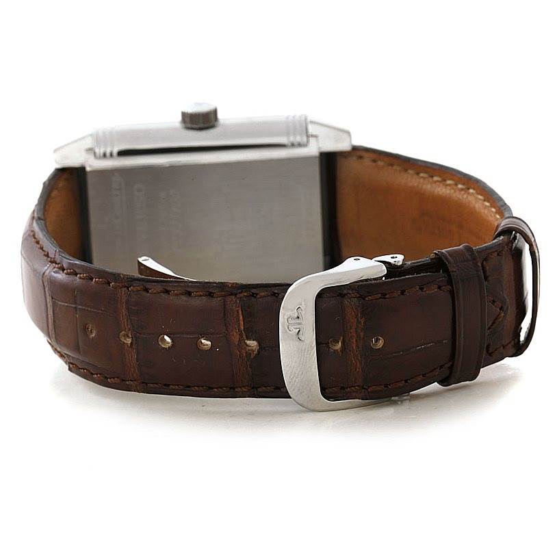 This image shows the back view of a Jaeger-LeCoultre Reverso model watch, highlighting its leather strap and buckle.