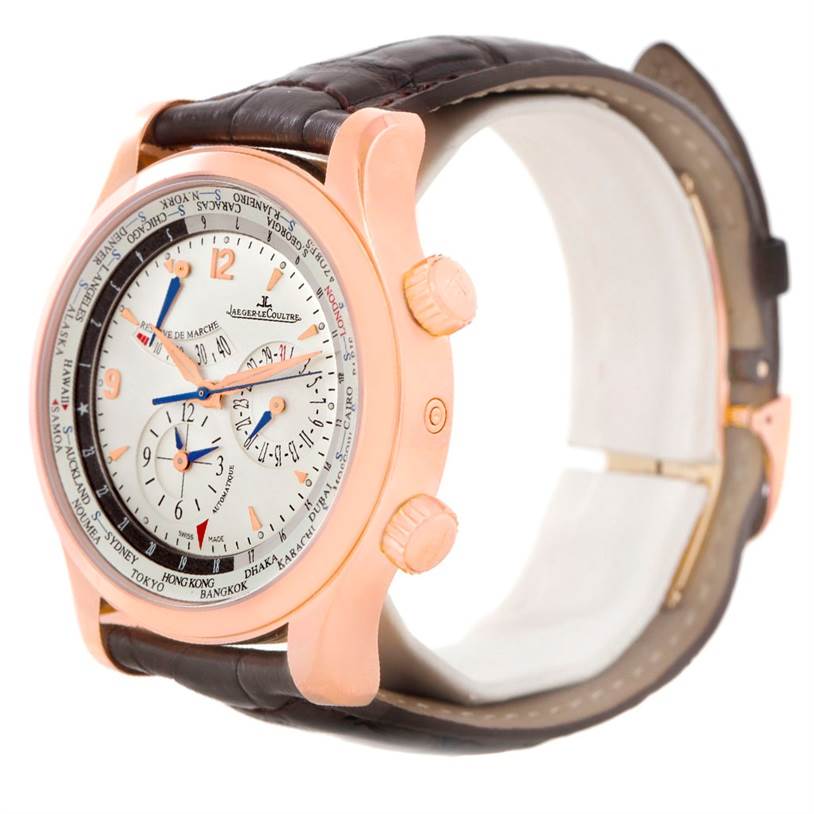 The Jaeger LeCoultre Master Q1522420 Men's Rose Gold Silver Dial Q1522420 Men's Rose Gold Silver Dial watch is shown at a 3/4 angle, displaying the face, crown, and leather strap.