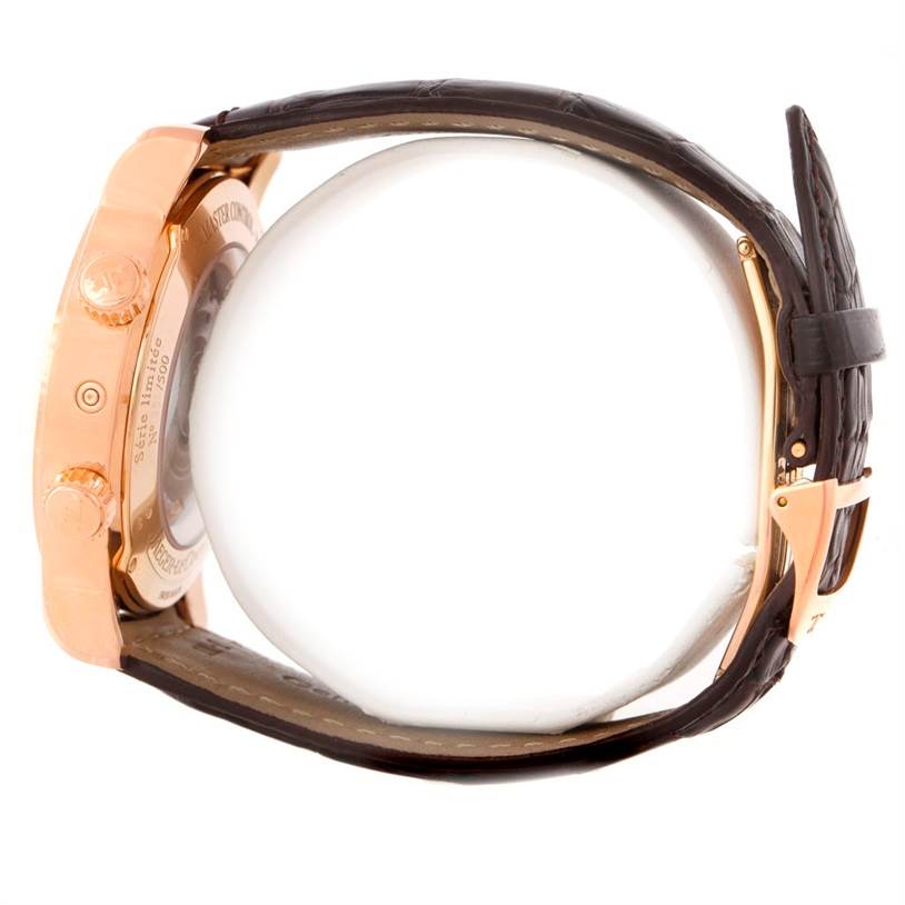 This image shows a side view of the Jaeger-LeCoultre Master model watch, highlighting its crown, case back, and leather strap.