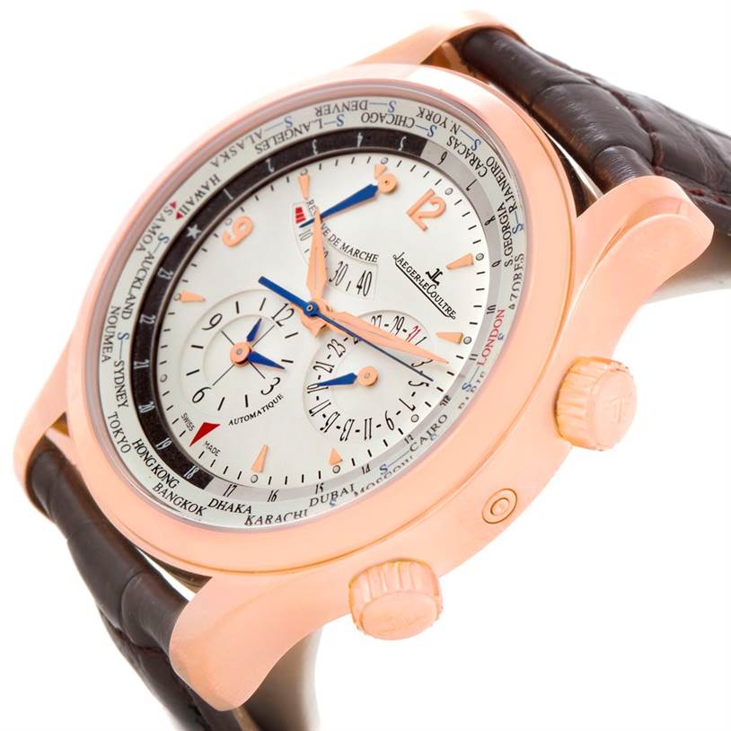 The Jaeger-LeCoultre Master watch is shown at an angled close-up, highlighting the dial, crown, and part of the leather strap.