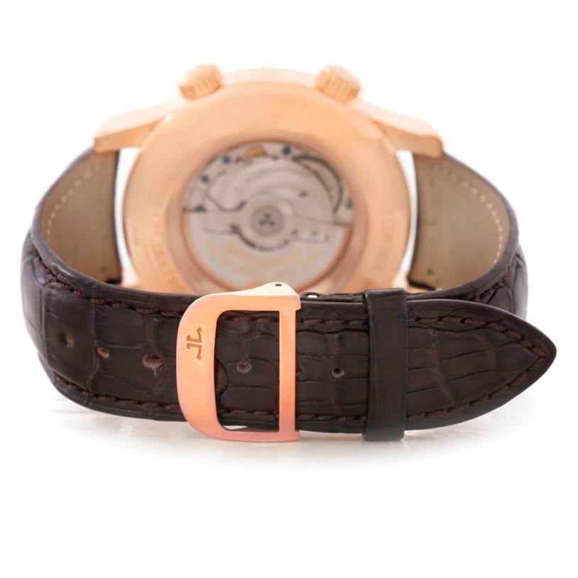 This image shows the rear view of a Jaeger-LeCoultre Master model watch, highlighting the watch's back case and brown leather strap with a buckle.