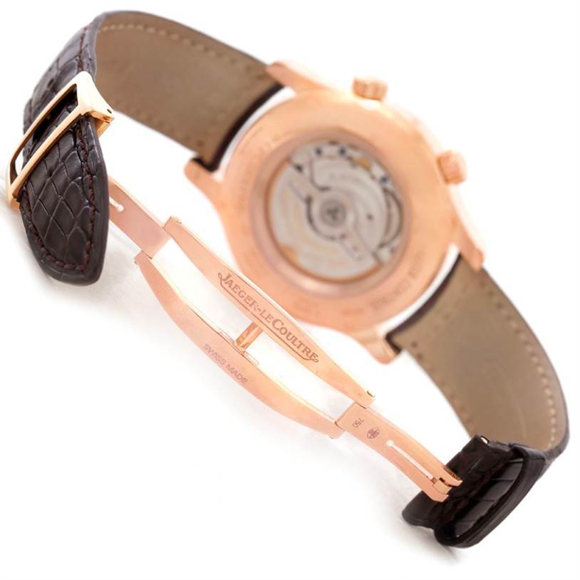 This image shows the back view and clasp of a Jaeger-LeCoultre Master model watch, highlighting its leather strap and deployment buckle.