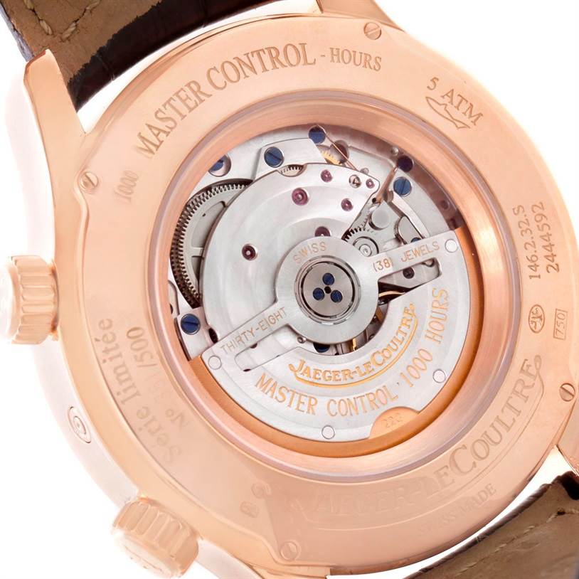 The image shows the back of a Jaeger LeCoultre Master Q1522420 Men's Rose Gold Silver Dial Q1522420 Men's Rose Gold Silver Dial Control watch, highlighting its movement and internal mechanisms.