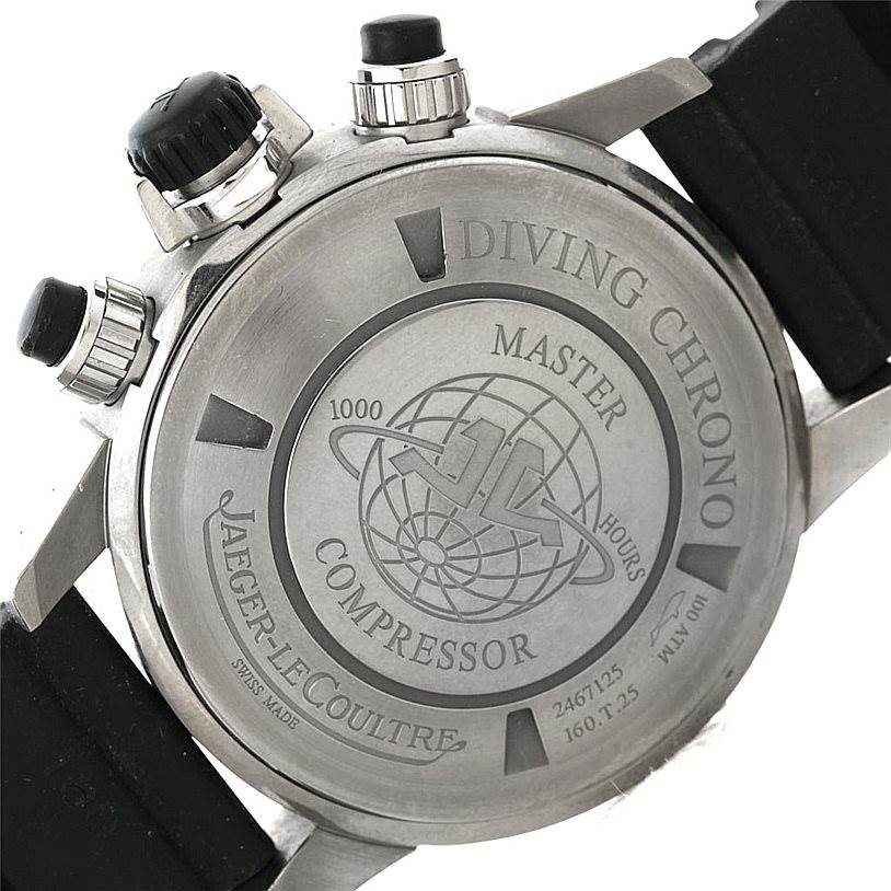 The image shows the back casing and pushers of a Jaeger-LeCoultre Master Compressor Diving Chrono watch.