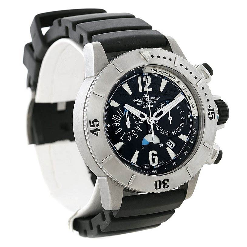 The image shows a Jaeger LeCoultre Master 160.T.25 Men's Titanium Black Dial 160.T.25 Men's Titanium Black Dial model watch at a three-quarter angle, highlighting its face, bezel, and strap.