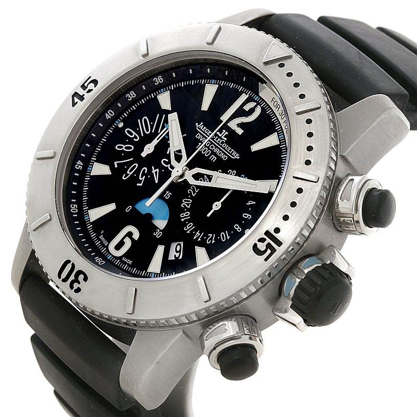 The Jaeger-LeCoultre Master model watch is shown at an angle highlighting the bezel, dial, and side buttons with a black strap.