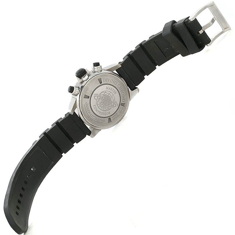 This is a rear view of a Jaeger LeCoultre Master 160.T.25 Men's Titanium Black Dial 160.T.25 Men's Titanium Black Dial Compressor Diving Chronograph watch, showing the case back and black rubber strap.
