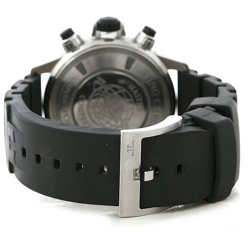 The image shows the back view of a Jaeger LeCoultre Master 160.T.25 Men's Titanium Black Dial 160.T.25 Men's Titanium Black Dial model watch, highlighting its buckle and strap.