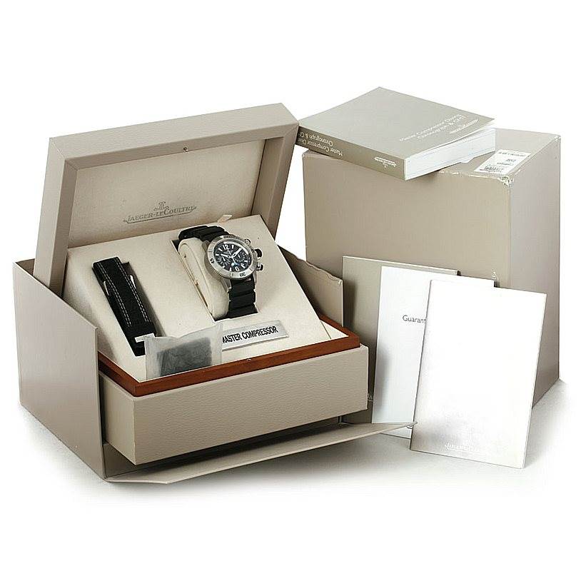 This image shows a Jaeger LeCoultre Master 160.T.25 Men's Titanium Black Dial 160.T.25 Men's Titanium Black Dial model watch and its accessories at a 3/4 angle, including the watch box and documentation.