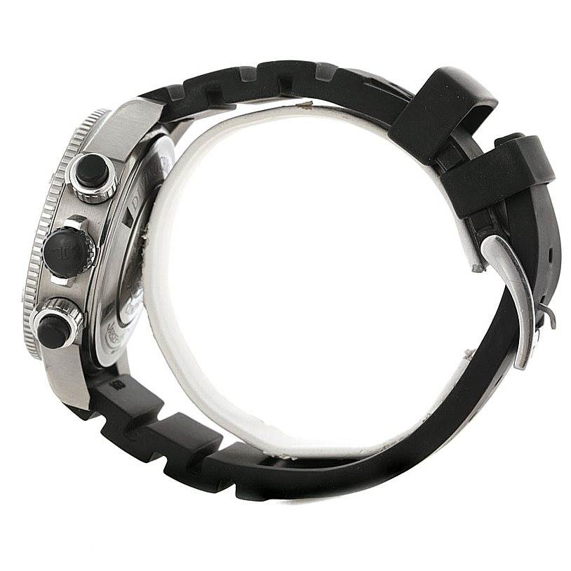 The image shows the Jaeger LeCoultre Master 160.T.25 Men's Titanium Black Dial 160.T.25 Men's Titanium Black Dial model watch from a side angle, highlighting the case, crown, pushers, and rubber strap.