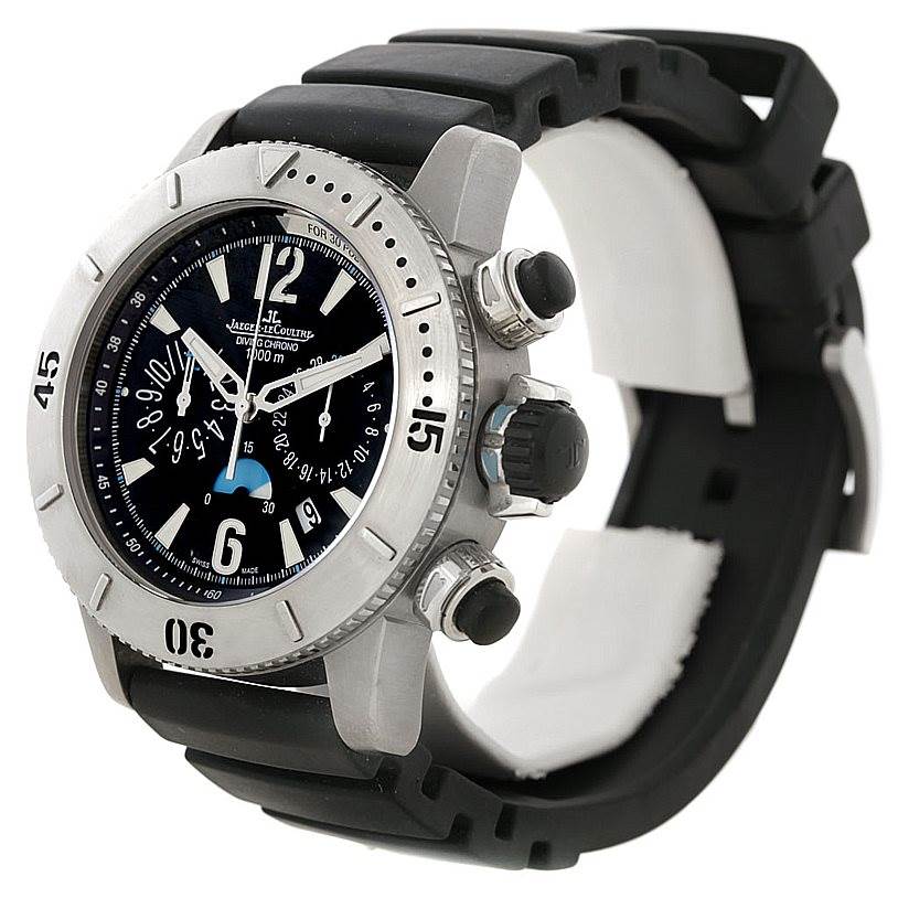 The image shows a Jaeger LeCoultre Master 160.T.25 Men's Titanium Black Dial 160.T.25 Men's Titanium Black Dial watch at a three-quarter angle, highlighting the dial, bezel, and side buttons.