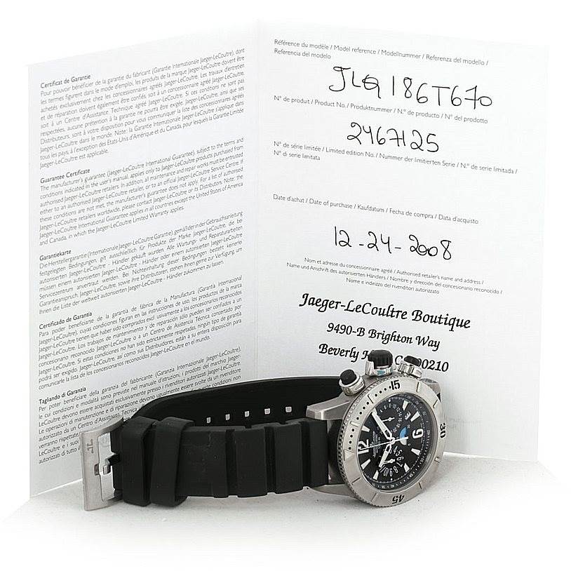 The Jaeger-LeCoultre Master model watch is shown partially from the front, alongside its warranty certificate.