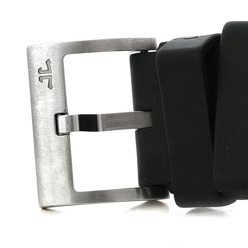 This image shows a close-up of the buckle and strap of a Jaeger-LeCoultre Master model watch.