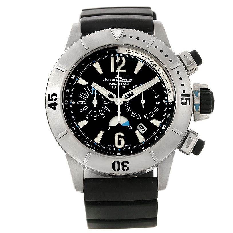 The image shows a front view of a Jaeger LeCoultre Master 160.T.25 Men's Titanium Black Dial 160.T.25 Men's Titanium Black Dial model watch with a black dial, rubber strap, and visible chronograph buttons.
