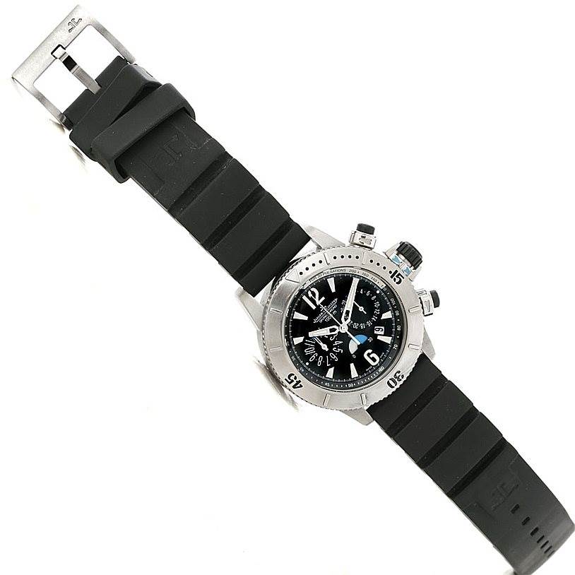 The Jaeger-LeCoultre Master model watch is shown at a slight angle, displaying its dial, bezel, crown, pushers, and rubber strap.