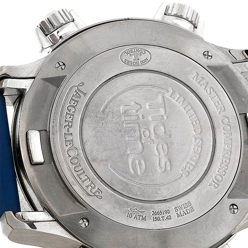 The image shows the back case of a Jaeger-LeCoultre Master Compressor watch, highlighting the engravings and water resistance details.