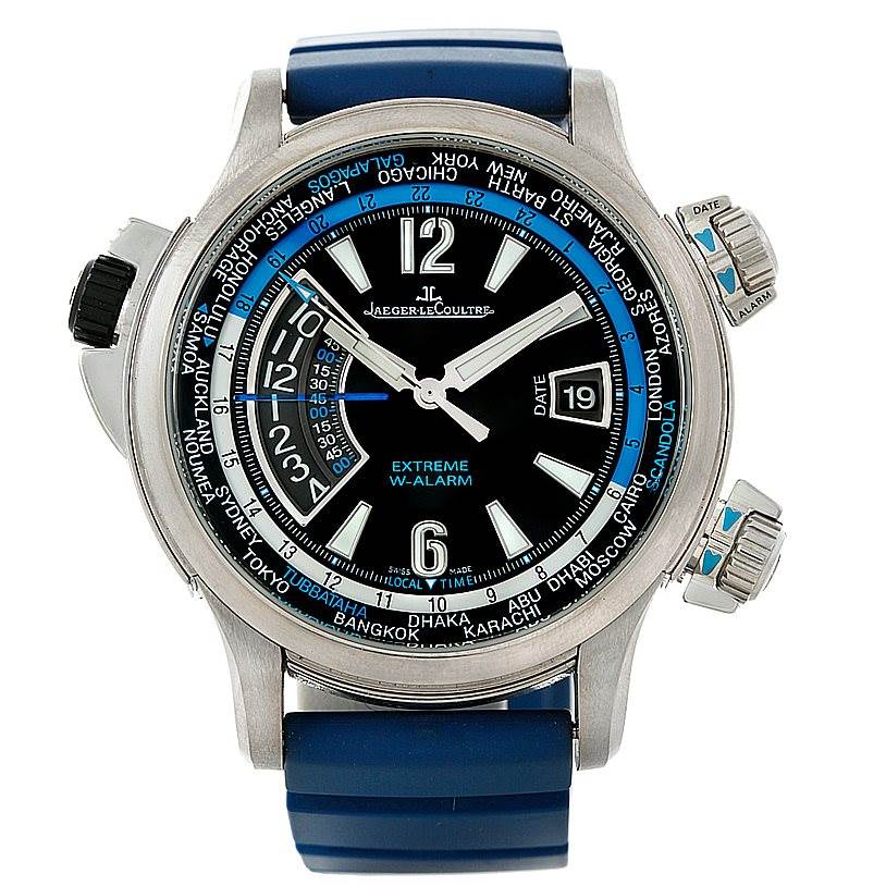 This image shows a front view of the Jaeger LeCoultre Master 150.T.42 Men
s Titanium Black Dial 150.T.42 Men
s Titanium Black Dial model watch, displaying its dial, date window, and bezels.