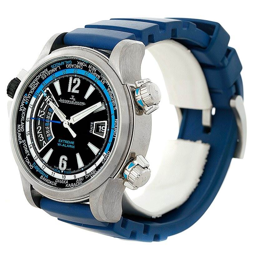 This image shows a frontal angle of the Jaeger LeCoultre Master 150.T.42 Men
s Titanium Black Dial 150.T.42 Men
s Titanium Black Dial watch with a blue strap and visible date and world time complications.