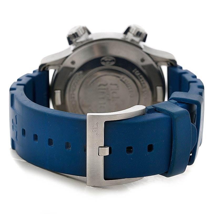 The image shows the back view of a Jaeger-LeCoultre Master model watch, focusing on the blue rubber strap and buckle.
